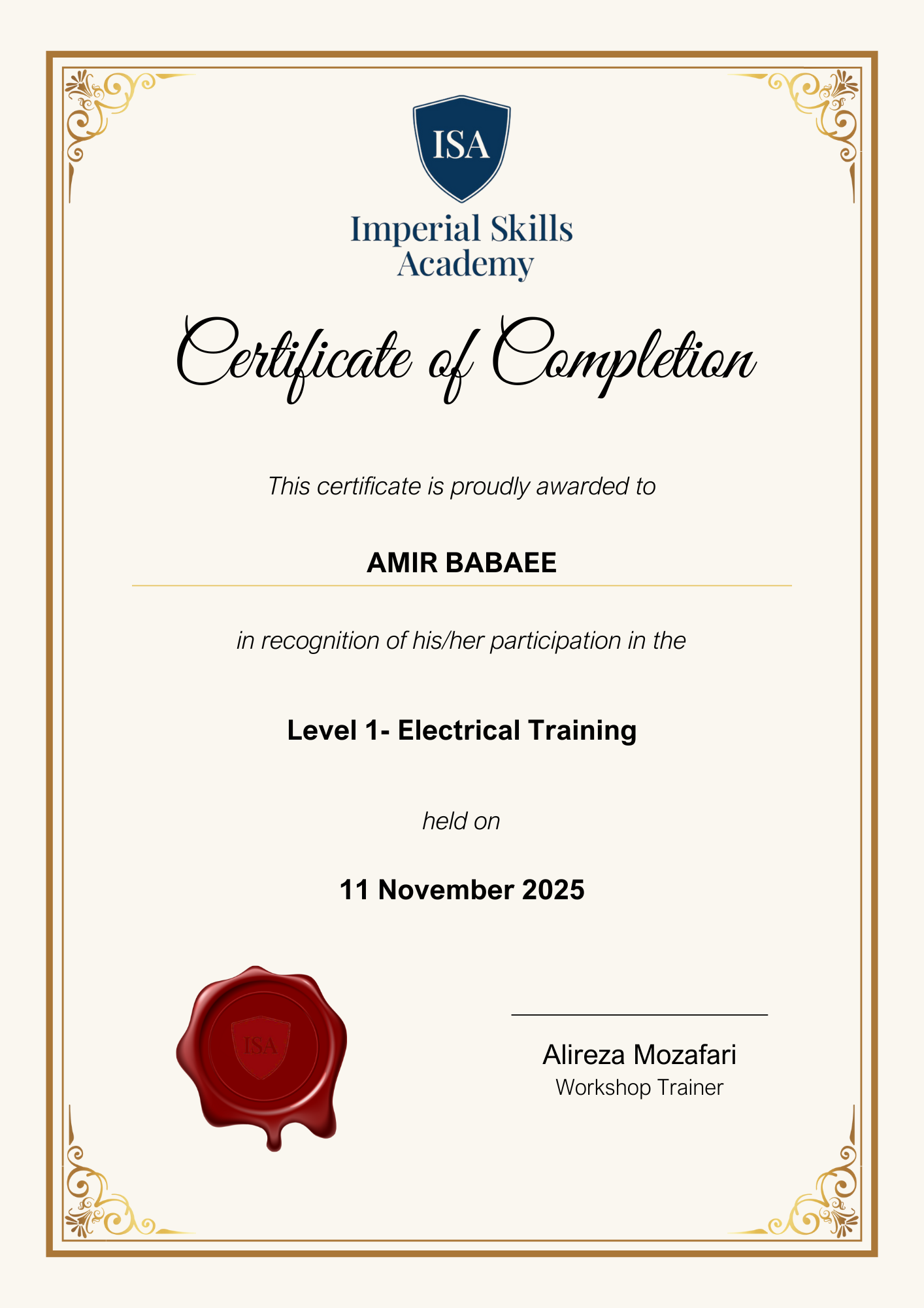 ISA Level 1 Electrician Certificate of Completion